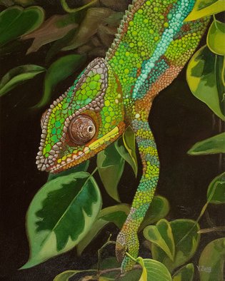 Yue Zeng: 'chameleon portrait', 2021 Oil Painting, Animals. Portrait of chameleon with branch and leaves. ...