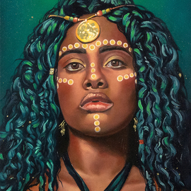 Yue Zeng: 'moon priestess', 2021 Oil Painting, Portrait. Artist Description: African female portrait as Moon Priestess. ...