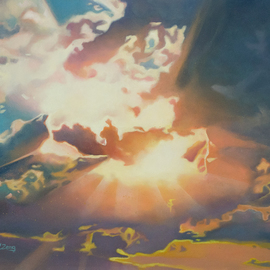 Yue Zeng: 'sunbeam through clouds', 2020 Oil Painting, Nature. Artist Description: Sunbeam shines through clouds. ...