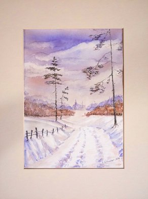 Yulia Schuster: 'first snow', 2016 Watercolor, Landscape. This is one of my watercolour landscape paintings. Painting size 20 x 28cm set in 30 x 40 cm acid free cream white mount and ready to place in standard 30 x 40 cm frame .COMES UNFRAMEDUsing artists  quality paints and paper. It is signed and dated on the ...