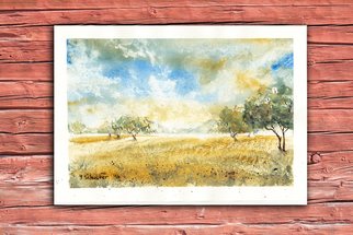Yulia Schuster: 'heat', 2016 Watercolor, Landscape. This is one of my watercolour landscape paintings. COMES UNFRAMEDUsing artists  quality paints and paper. It is signed and dated on the front  original watercolor  rural houses  rural landscape  watercolor landscape autumnautumnalbluefamilyfieldsharvesthouselandscapemontainsmountainpeopleroadruralsavannahtreevilagewatercolor...