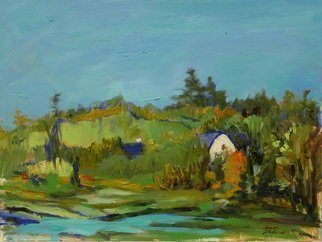 Yuming Zhu: 'Aquatic Beauty', 2017 Oil Painting, Landscape. Plein air, oil on canvas, framed and ready to hang.  Lyrical impression.   A patch of water reflects the fresh sky.  Wondering who is working in the barn.  Serene and birds singing in distance.  A scene from Bellevue Park.  Painting from live scene is always challenging and fun.  Will be shipped ...