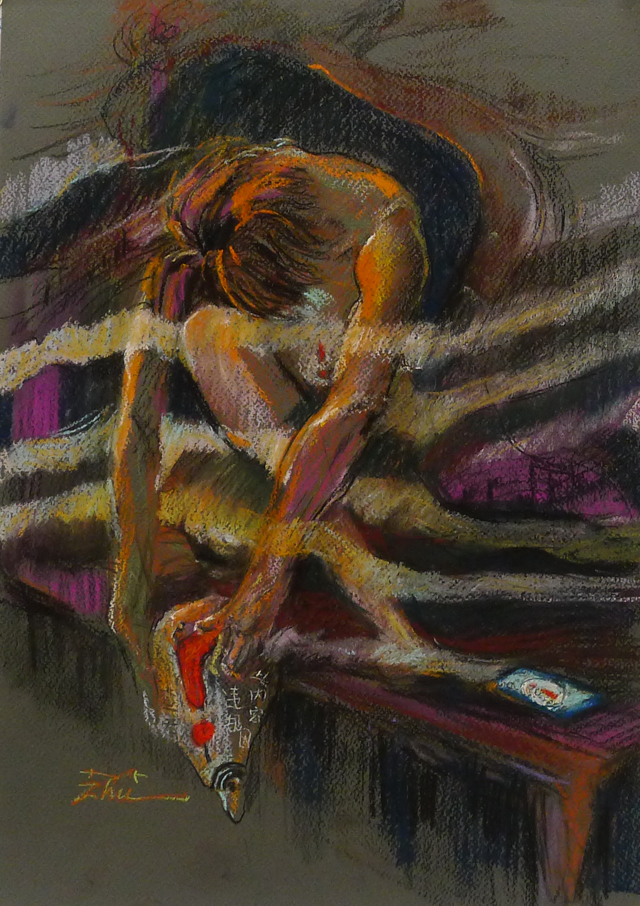 Yuming Zhu: 'Gone With The News', 2019 Pastel, Figurative. Original Pastel on grey paper.  Light casts restriction on this beauty, and prevent  to wake one up.  Time frozen, censorship melt the phone.  It says, the content violate our rule, so it be blocked.  Do you feel the tension.  This painting will be shipped matted, with no frame neither glass. ...