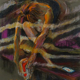 Yuming Zhu: 'Gone With The News', 2019 Pastel, Figurative. Artist Description: Original Pastel on grey paper.  Light casts restriction on this beauty, and prevent  to wake one up.  Time frozen, censorship melt the phone.  It says, the content violate our rule, so it be blocked.  Do you feel the tension.  This painting will be shipped matted, with no frame ...