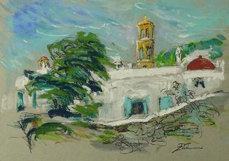 Yuming Zhu: 'windy mykonos', 2018 Mixed Media, Landscape. The wind tried to blow away the deep lapis from snow white wall.  Green view inspired me to sit in the wind and sketch this mysterious view.  Ink was flowing, and highlighted by heavy strokes of pastel.  It is Urban and natural landscape in combination.  Gold metal frame with glass. ...