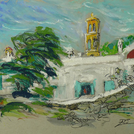 Yuming Zhu: 'windy mykonos', 2018 Mixed Media, Landscape. Artist Description: The wind tried to blow away the deep lapis from snow white wall.  Green view inspired me to sit in the wind and sketch this mysterious view.  Ink was flowing, and highlighted by heavy strokes of pastel.  It is Urban and natural landscape in combination.  Gold metal frame ...