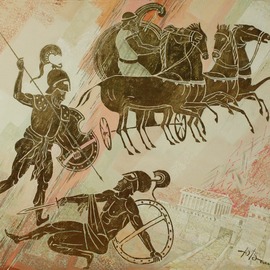 Yuri Vasiliev: 'battle of achilles and hector', 2012 Oil Painting, History. Artist Description: Battle, Achilles, Hector, Troy, history, ancient Greece, horses, gold...