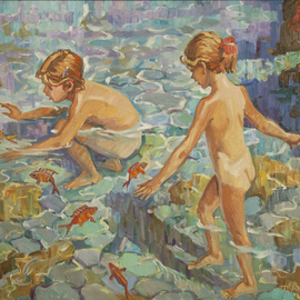 Yuri Vasiliev: 'goldfishes', 2016 Oil Painting, Children. Artist Description: Goldfish, girls, the sea, the sun, stones, water, good mood...