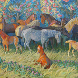 Yuri Vasiliev: 'horses in the garden', 2009 Oil Painting, Animals. Artist Description: Horses, foals, sun, apple, garden, good mood, time August...