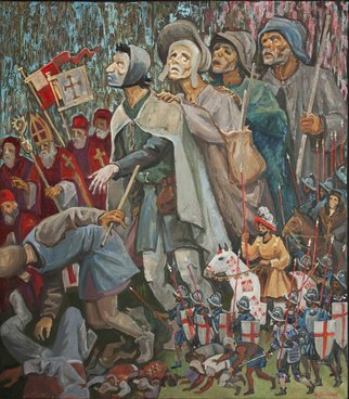Yuri Vasiliev: 'the blind lead the blind', 2016 Oil Painting, Biblical. biblical, history, unlooking, Blind, lead, blind, war, poverty, the Netherlands, religion...