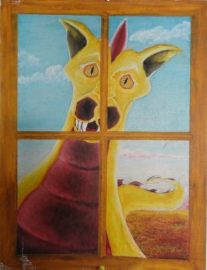 Rickie Dickerson: 'Montgomery Dragon', 1985 Oil Painting, Floral.  Done during the teaching myself to paint phase, it is one of my very first works. I liked the idea of a dragon looking in the window. Still do. My first attempt at Trompe L'oeil.       ...