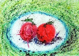 Zaure Kadyke: 'food space apples', 2018 Watercolor, Food. plate red space spatter blue splashes spray apple food fruit galaxy greenframed at the request of the buyeryou can pay by Paypal...