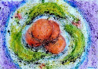 Zaure Kadyke: 'food space oranges and bananas', 2018 Watercolor, Food. plate purple space spatter blue splashes spray violet yellow fruit banana orangeframed at the request of the buyeryou can pay by Paypal...