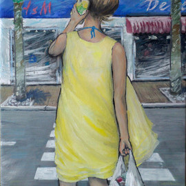 Zaure Kadyke: 'gerls 2018n2', 2018 Oil Painting, People. Artist Description: summer vacation woman yellow plastic bag cellphone city crosswalk attractive back mobile modernframed extra charge.used standard ready primed organic cotton.you can pay by Paypal...