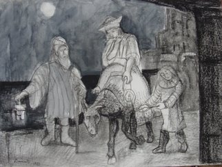 Dana Zivanovits: 'AFTER REMBRANDT', 1980 Charcoal Drawing, Christian.   This is an early drawing after Rembrandt' s FLIGHT INTO EYGYPT and is done in charcoal and wash on sketch paper. A signed and dated Zivanovit' s original....