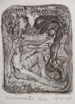 Dana Zivanovits: 'EVE', 2004 Monoprint, Judaic.  This a monotype impression pulled from a painted glass plate and ink drawing on Arches all cotton archival paper- a one of a kind original signed and dated. Image size; 5