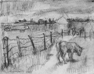 Dana Zivanovits: 'FARM', 1982 Charcoal Drawing, Farm.  A early work in charcoal on sketch paper- a signed and dated Zivanovit's original. ...