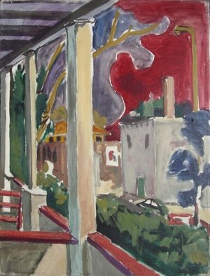 Dana Zivanovits: 'FRONT PORCH', 1984 Oil Painting, Cityscape.   This is a view from the porch of an old apartment I used to live in. Oil on streched canvas- a signed Zivanovits original....