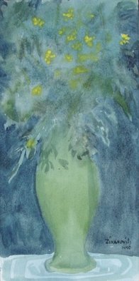 Dana Zivanovits: 'GREEN VASE', 1991 Watercolor, Floral.  Watercolor on all rag acid free Arches printing paper- a signed and dated Zivanovits original. ...