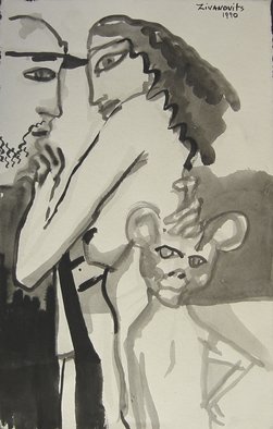 Dana Zivanovits: 'MONKEY GIRL', 1990 Watercolor, Romance.   India ink on acid free, rag paper- a signed and dated Zivanovits original. Note ; Paper is white despite photo....