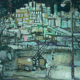 Dana Zivanovits: 'NIGHT CONSTRUCTION', 1984 Oil Painting, Urban. Artist Description:  This scene was painted from my studio window in the winter of 1984 in oil on tempered masonite panel. A signed Zivanovits original. ...