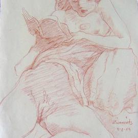 Dana Zivanovits: 'NUDE READING', 2004 Other Drawing, nudes. Artist Description:  Red conte chalk on all cotton acid free Arches paper- a signed and dated Zivanovits original. ...