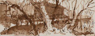 Dana Zivanovits: 'RIVER HOUSE', 2009 Watercolor, Architecture.     Recent drawing done from life in reed pen and brown wash on Strathmore all cotton acid free laid paper. A signed and dated Zivanovit's original ...