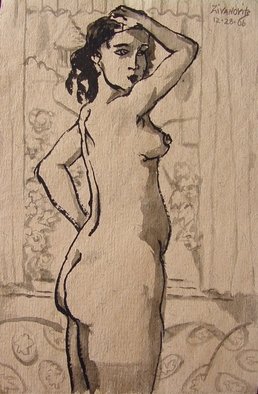 Dana Zivanovits: 'STANDING NUDE', 2006 Pen Drawing, nudes.   India ink on handmade paper from India- a signed and dated Zivanovits original....