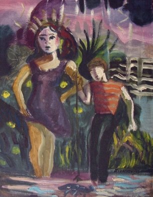 Dana Zivanovits: 'TURTLE FISHERS', 1987 Oil Painting, Children.   A painting in oil on streched linen- a signed Zivanovits original....
