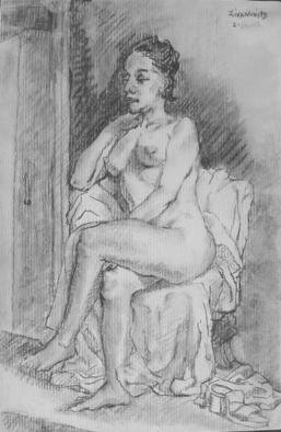 Dana Zivanovits: 'WAITING MODEL', 2003 Charcoal Drawing, nudes.  Charcoal on linen paper from about the 1940's. A signed Zivanovits original. ...