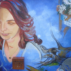 Zoraida Haibi Figuera: 'Dreaming of a Future', 2007 Mixed Media, Family. Artist Description:  Woman dreaming of future after the loss of her child.  Acrylic paint, charcoal, flowers, paper, wood box, metal charm on canvas. ...