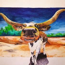Zoraida Haibi Figuera: 'longhorn bull', 2018 Watercolor, Animals. Artist Description: Inktense washes, inktense pencils with invented textures on watercolor paper...