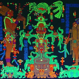Sigmund Sieminski: 'Mayan panel Temple of the Maize God', 2011 Other Painting, Cosmic. Artist Description:    Reproduction of original Mayan sculptural Panel of the Maize God/ Tree in black light paint, on masonite.      ...