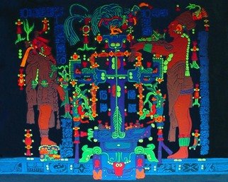 Sigmund Sieminski: 'Palenque panel of the World Tree', 2011 Other Painting, Cosmic.   Reproduction of original Mayan sculptural Panel of the World Tree in black light paint, on masonite.     ...