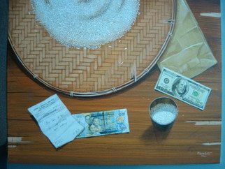 Fidel Sarmiento; Mahalagang Butil, 2005, Original Painting Acrylic, 24 x 18 inches. Artwork description: 241 Still life with rice , peso and dollar bill . ...