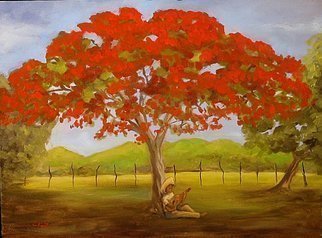 Angel Cruz; Bajo Su Flamboyan, 2007, Original Painting Oil, 27 x 20 inches. Artwork description: 241 Puerto RicoA jibaro or peasant strumming a stringed instrument beneath a FlamboyA! n tree at the end of a day s work in the fields. ...