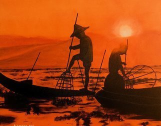Althea E Jenkins; Shadows Of A Sunset, 2017, Original Painting Acrylic, 20 x 16 inches. Artwork description: 241 Asian fishermen at sunset...