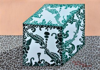 Armando Flores Guerrero; Fishes Cube, 2021, Original Painting Acrylic, 11.6 x 8 inches. Artwork description: 241 A white cube with abstract fishes painted with different green tones over a field of geometric pieces. ...