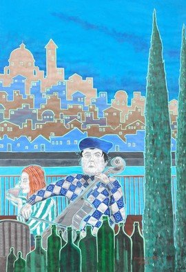 Armando Flores Guerrero; Redhead Girl In Musical Cafe, 2021, Original Painting Acrylic, 19.6 x 27.5 inches. Artwork description: 241 A pleasant evening on the terrace of a musical cafe, overlooking the river and the old city. ...