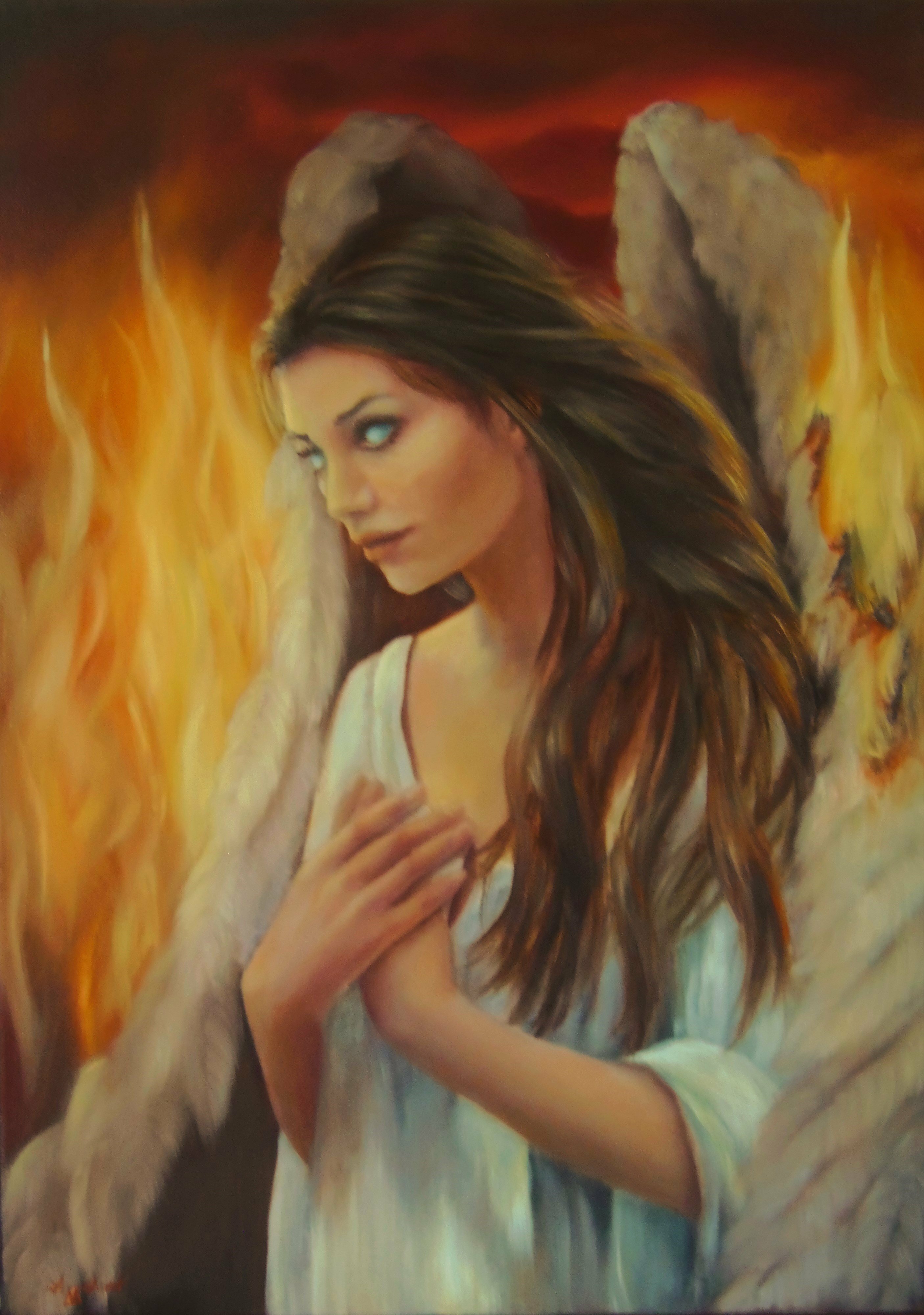 Ageliki Alexandridou; Temptation By Ageliki, 2016, Original Painting Oil, 50 x 70 cm. Artwork description: 241 The artist often declares her devotion to Platonic philosophy.  As a manifestation of this orientation, she loves to give entity to concepts, capturing instantaneous expressions of people.The artwork illustrates the concept of Temptation.  A pure human being struggles with temptation which burns like fire her ability ...