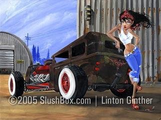 Jr Linton; A Tudor And Two Ds, 2005, Original Painting Acrylic, 24 x 18 inches. Artwork description: 241 Monster Joe' s Daughter just finished up her A. Don' t even think about touchin' either of them. keywords: Hot rod girl car model a hotrod rat rod pin up pinup...