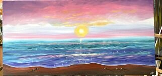 Aisha Haider; Sunkissed Waters, 2024, Original Painting Acrylic, 40 x 20 inches. Artwork description: 241  A beautiful pastel coloured sky reflects upon the shimmering sun kissed waters below, creating a beautiful view of serenity and peace.  This painting carries on over the sides so it may be hung without a frame if desired.  The painting has been signed and varnished with gloss ...