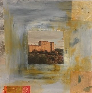 Angela Kirkner; Haus On The Hill, 2019, Original Mixed Media, 12 x 12 inches. Artwork description: 241 Torn paper, acrylic and inks on canvas...