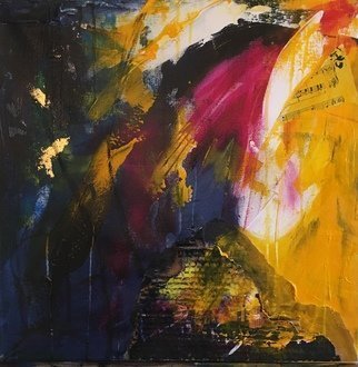 Angela Kirkner; Fire On The Mountain, 2020, Original Mixed Media, 20 x 20 inches. Artwork description: 241 Layers of acrylic, hand painted cardboard, gold leaf...