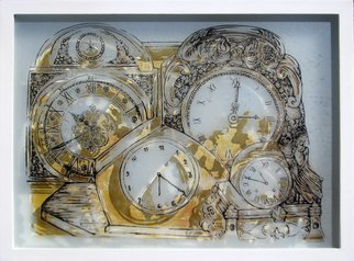 Alejandra Coirini; Desk Clocks, 2012, Original Printmaking Lithography, 50 x 40 cm. Artwork description: 241 time, decoration, clocks, clock, lithography, engraving...