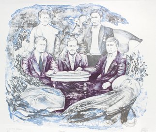 Alejandra Coirini; Surge, 2019, Original Printmaking Lithography - Open Edition, 70 x 50 cm. Artwork description: 241 three friends rest between a deep sea.Lithography 3 Colors...