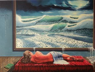 Alejandro Del Valle; Seadream, 2014, Original Painting Acrylic, 80 x 110 cm. Artwork description: 241          seascape, sea, waves, ocean, , foam, moonlight, female, nude, book, room, moon       ...