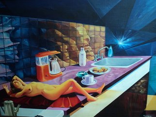 Alejandro Del Valle; Memories In The Kitchen, 1999, Original Painting Acrylic, 100 x 80 cm. Artwork description: 241   nude, woman, cliff, beach, kitchen, cofee machine, cup of tea, cookies, kitchen   ...