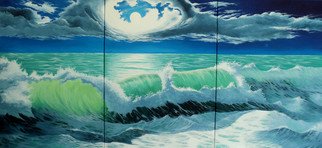 Alejandro Del Valle; Summer Night, 2016, Original Painting Acrylic, 150 x 70 cm. Artwork description: 241    seascape sea ocean waves water foam clouds sky moon moonlight             ...
