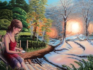 Alejandro Del Valle; The SMS, 2015, Original Painting Acrylic, 80 x 100 cm. Artwork description: 241  surrealism, landscape, woodland, snow, winter, summer, trees, sunlight, flowers, woman, female        ...